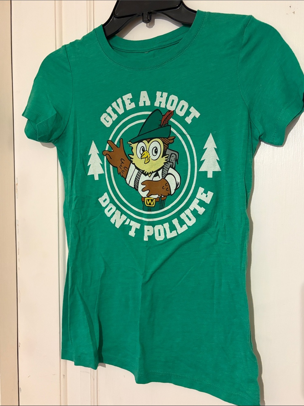 Green Woodsy Owl tee with 'Give A Hoot Don't Pollute’ Design